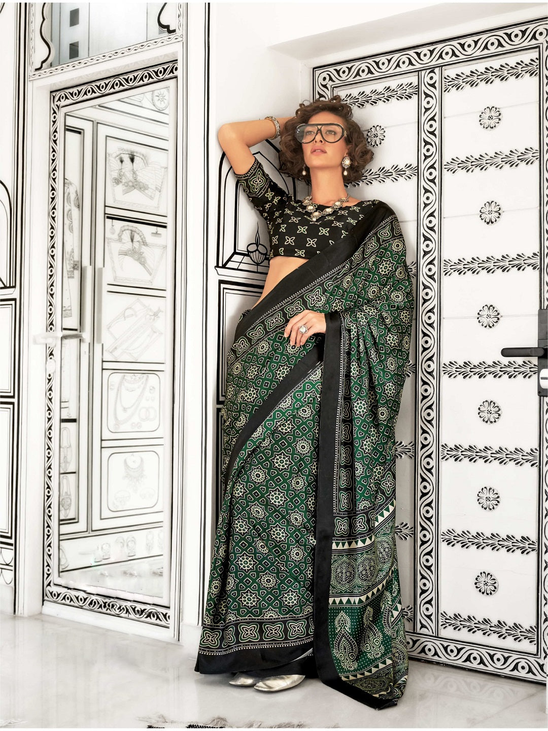 Women's Green Ajrakh Printed Satin Saree
