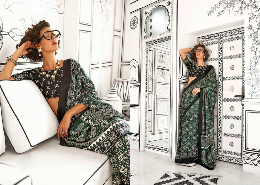 Women's Green Ajrakh Printed Satin Saree
