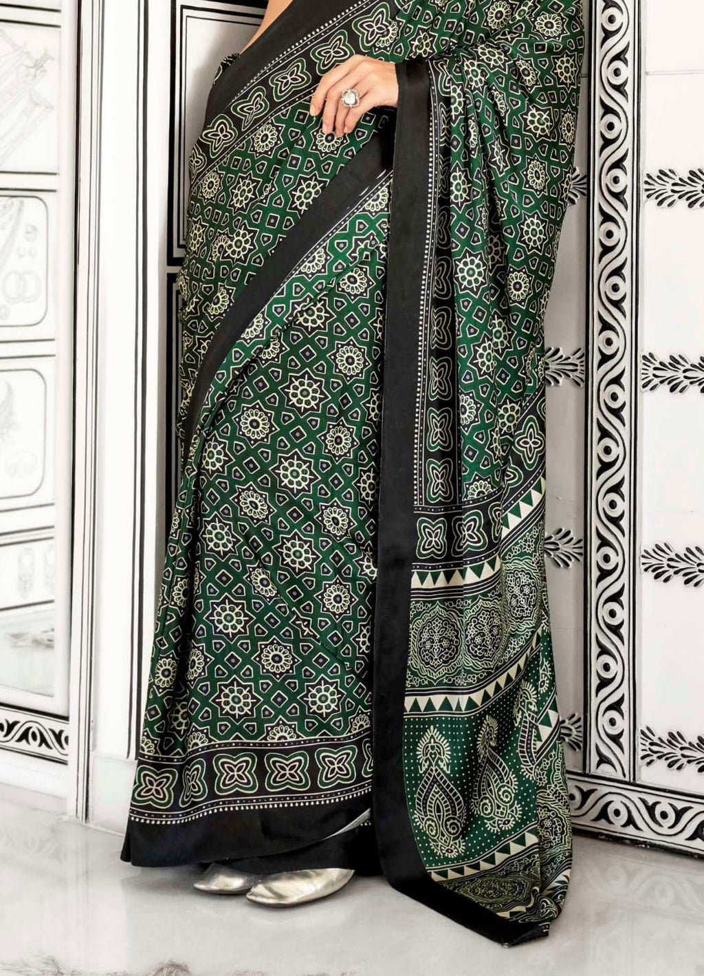 Women's Green Ajrakh Printed Satin Saree