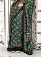 Women's Green Ajrakh Printed Satin Saree