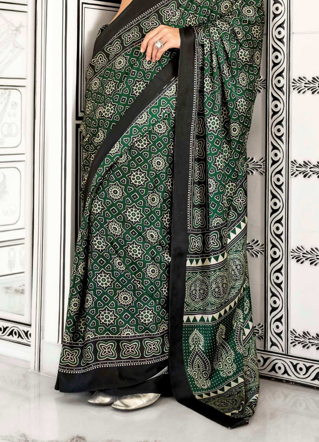 Women's Green Ajrakh Printed Satin Saree