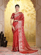 Women's Maroon Geometric Print Woven Zari Border Organza Saree
