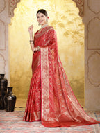 Women's Maroon Geometric Print Woven Zari Border Organza Saree