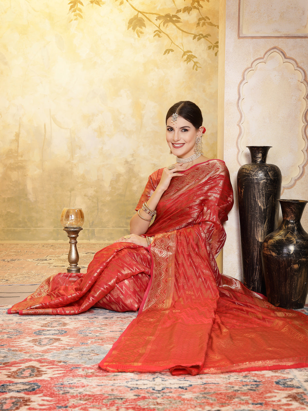 Women's Maroon Geometric Print Woven Zari Border Organza Saree