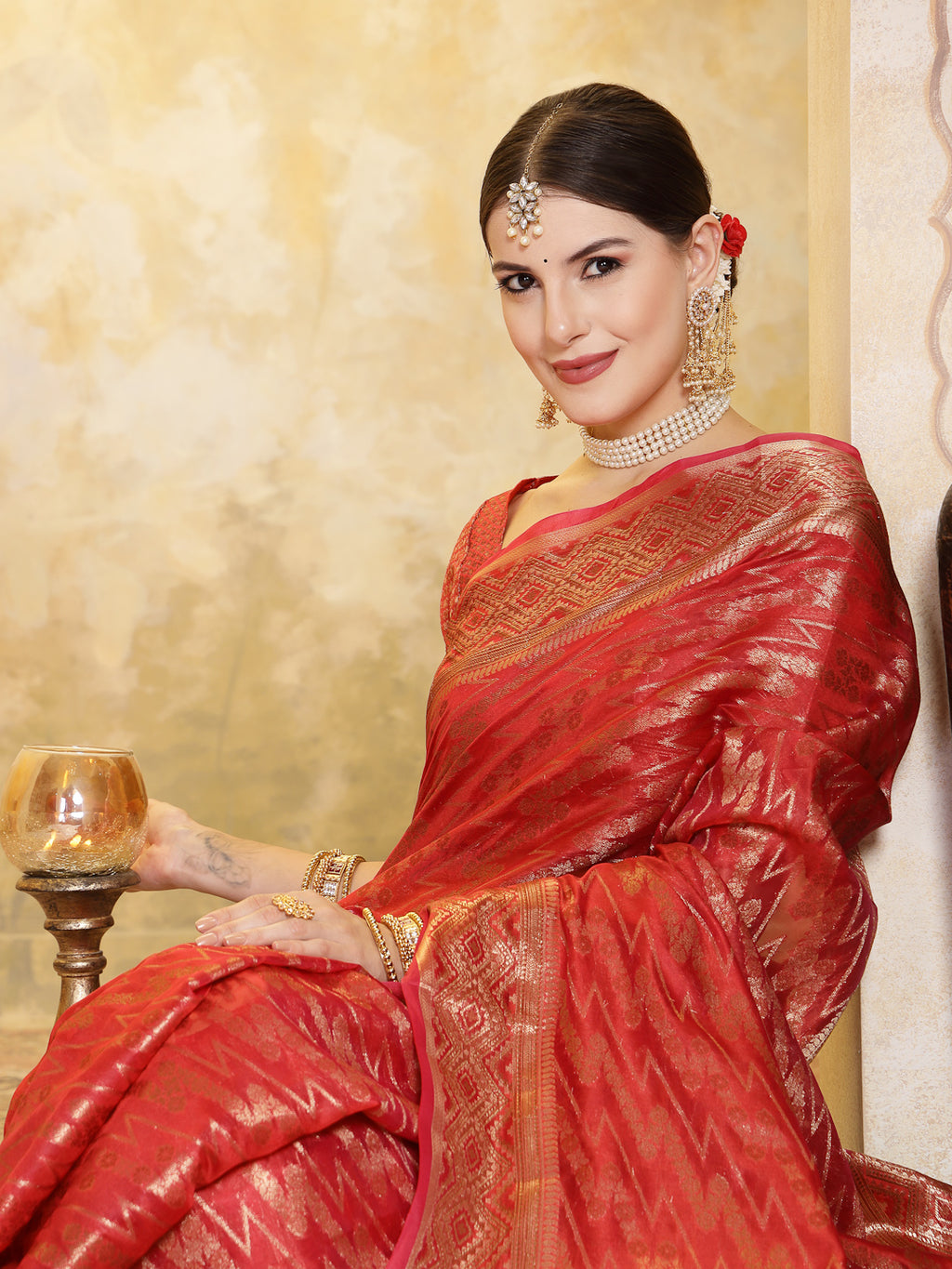 Women's Maroon Geometric Print Woven Zari Border Organza Saree