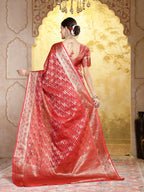 Women's Maroon Geometric Print Woven Zari Border Organza Saree