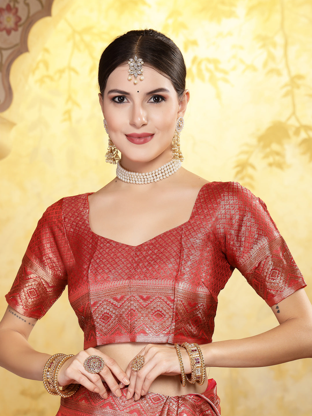Women's Maroon Geometric Print Woven Zari Border Organza Saree