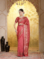 Women's Pink Geometric Print Woven Zari Border Organza Saree