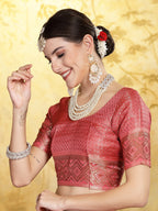 Women's Pink Geometric Print Woven Zari Border Organza Saree