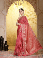 Women's Pink Geometric Print Woven Zari Border Organza Saree