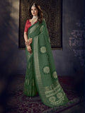 Women's Green Bhandej Aari Work Crushed Silk Saree