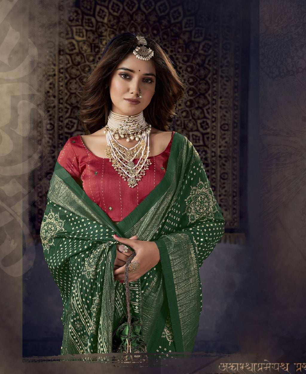 Women's Green Bhandej Aari Work Crushed Silk Saree
