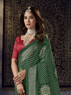 Women's Green Bhandej Aari Work Crushed Silk Saree