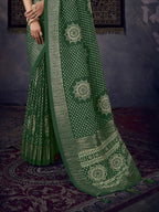 Women's Green Bhandej Aari Work Crushed Silk Saree