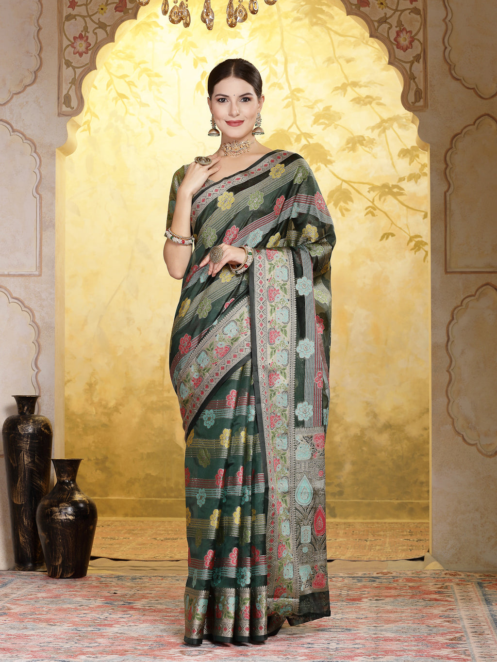 Women's Bottle Green Ethnic Motifs Zari Border Organza Saree