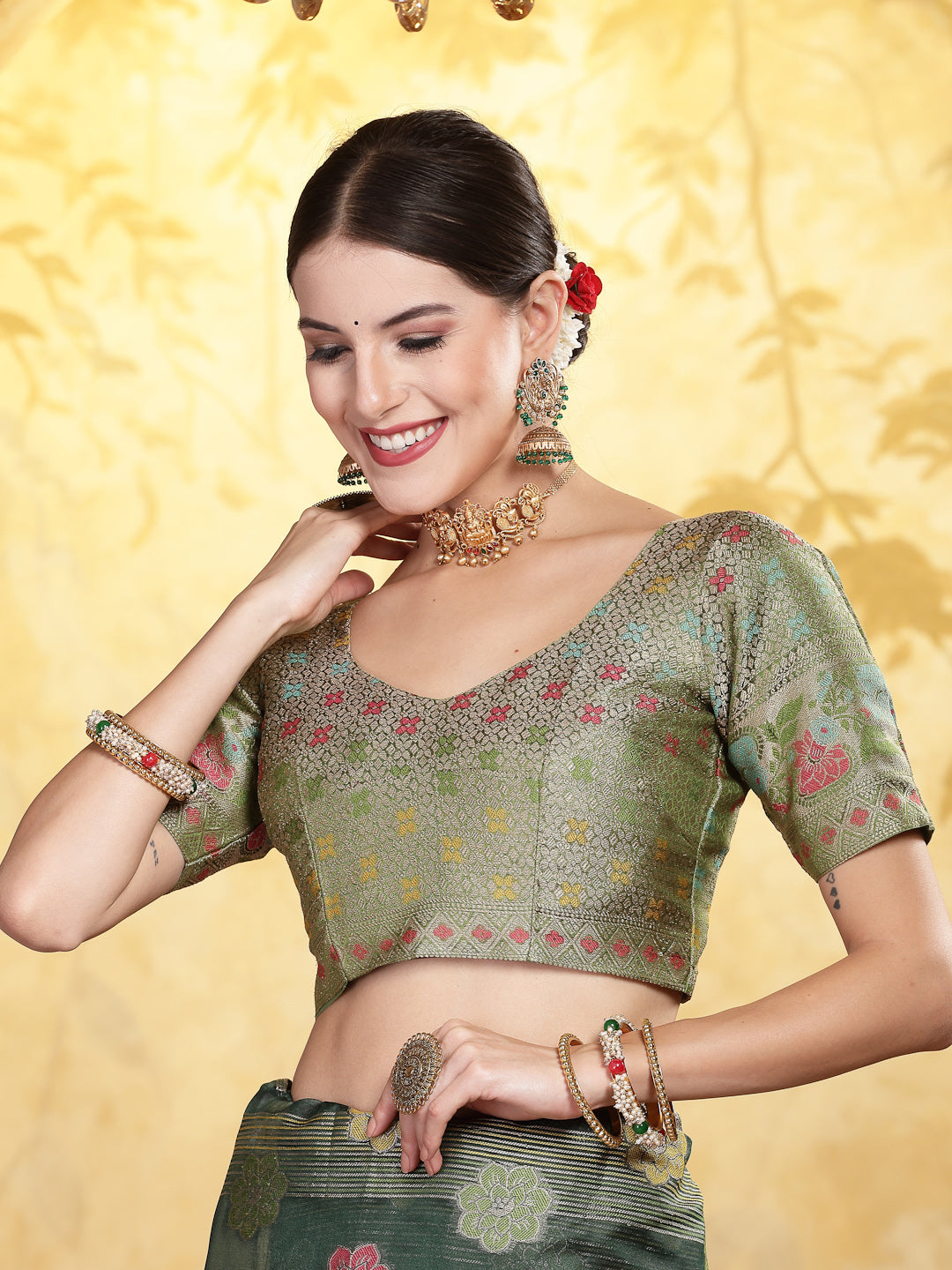 Women's Bottle Green Ethnic Motifs Zari Border Organza Saree