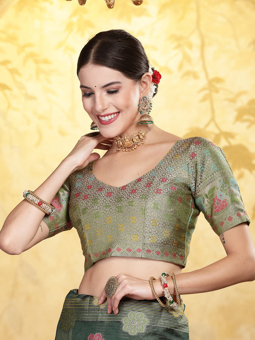 Women's Bottle Green Ethnic Motifs Zari Border Organza Saree