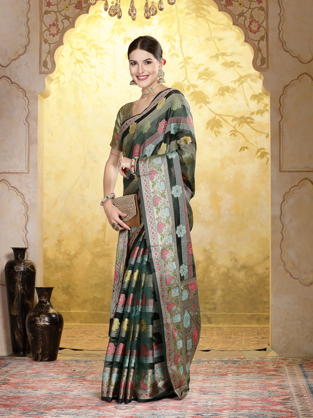 Women's Bottle Green Ethnic Motifs Zari Border Organza Saree