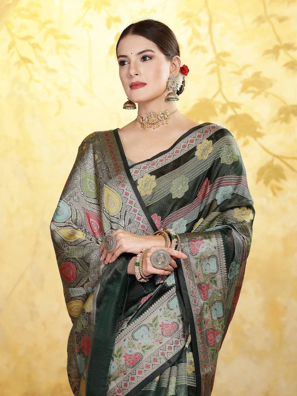 Women's Bottle Green Ethnic Motifs Zari Border Organza Saree