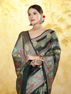 Women's Bottle Green Ethnic Motifs Zari Border Organza Saree