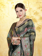 Women's Bottle Green Ethnic Motifs Zari Border Organza Saree