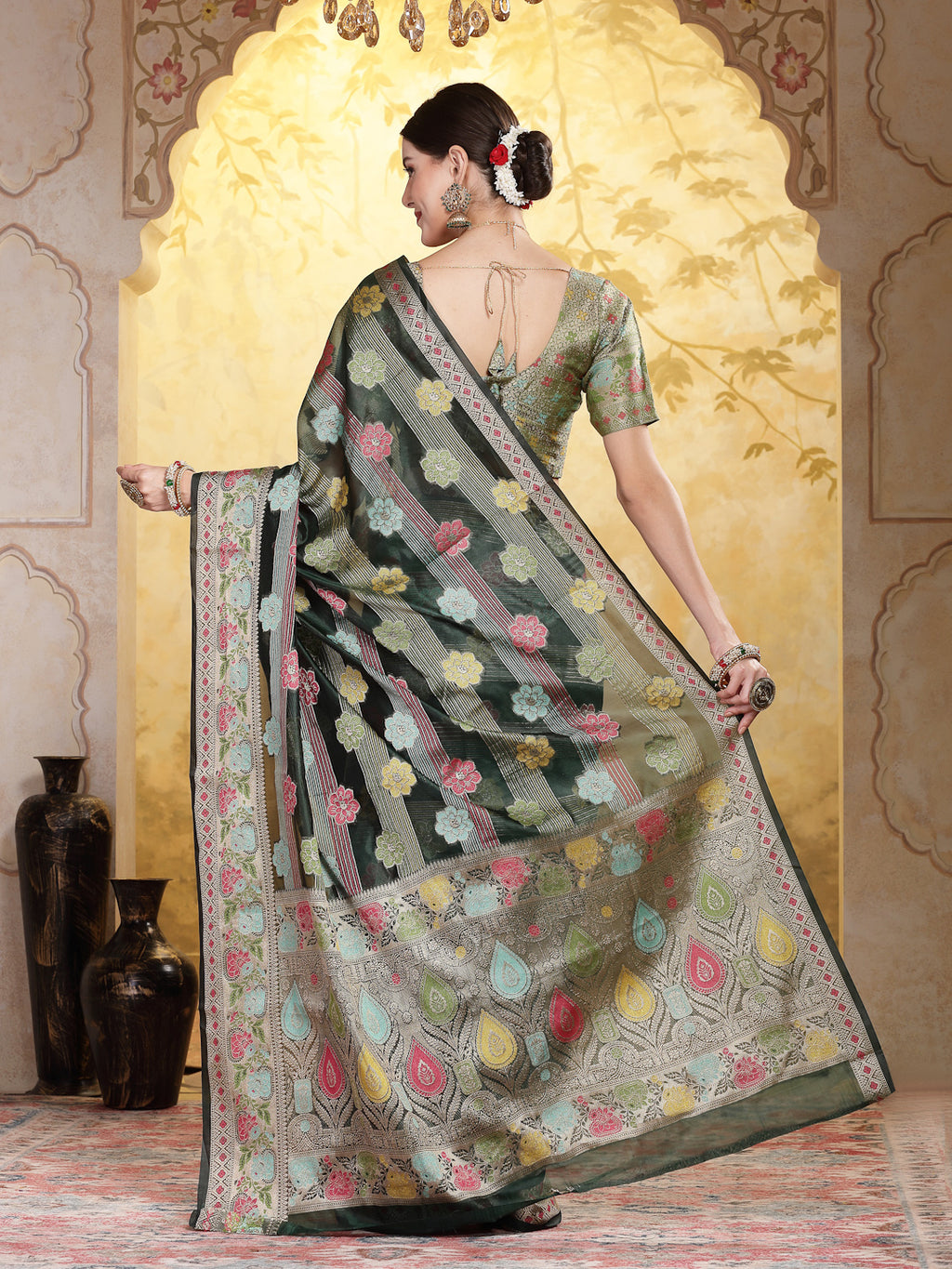 Women's Bottle Green Ethnic Motifs Zari Border Organza Saree