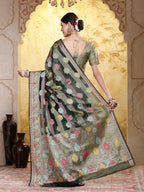 Women's Bottle Green Ethnic Motifs Zari Border Organza Saree
