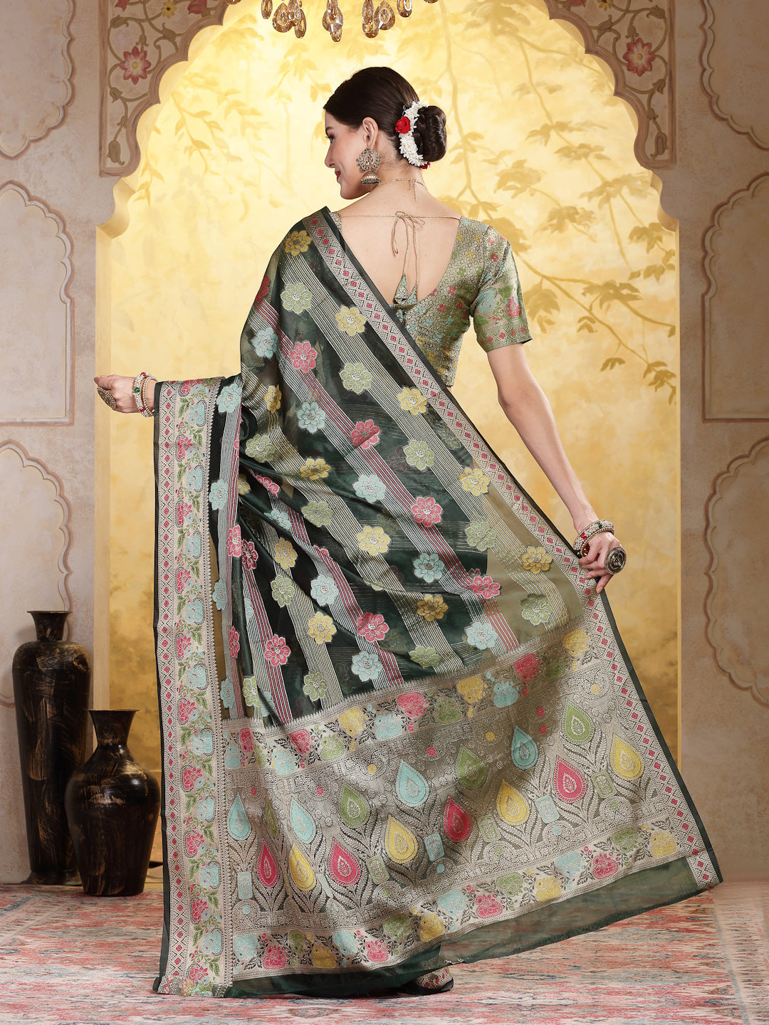 Women's Bottle Green Ethnic Motifs Zari Border Organza Saree