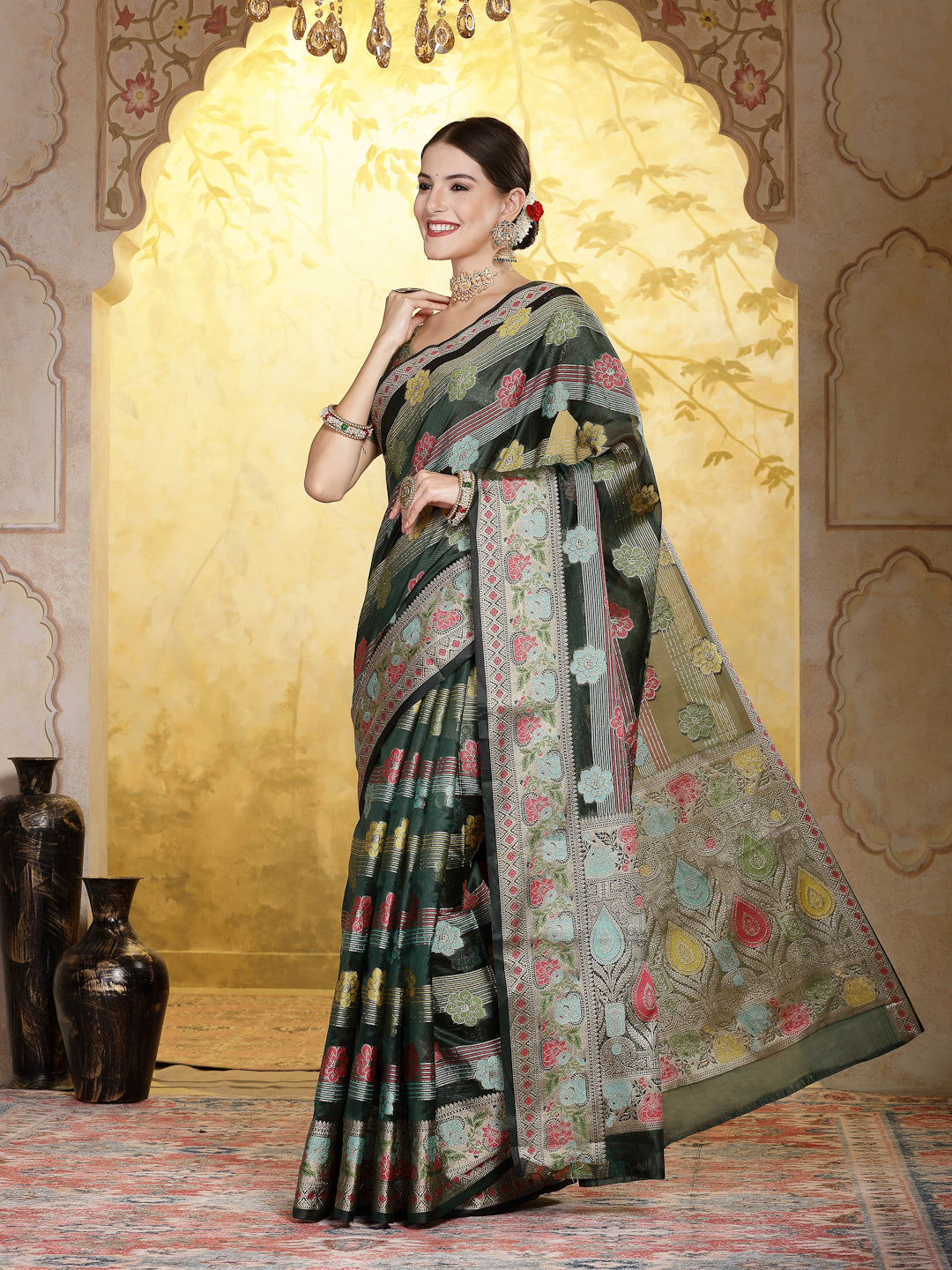 Women's Bottle Green Ethnic Motifs Zari Border Organza Saree