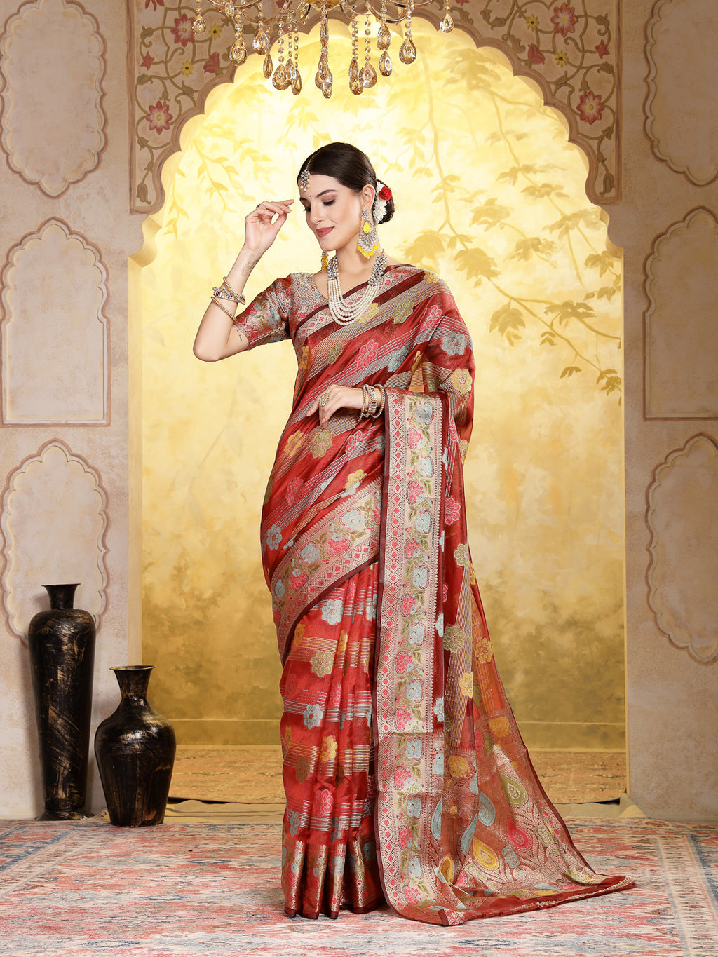 Women's Maroon Ethnic Motifs Zari Border Organza Saree