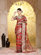 Women's Maroon Ethnic Motifs Zari Border Organza Saree