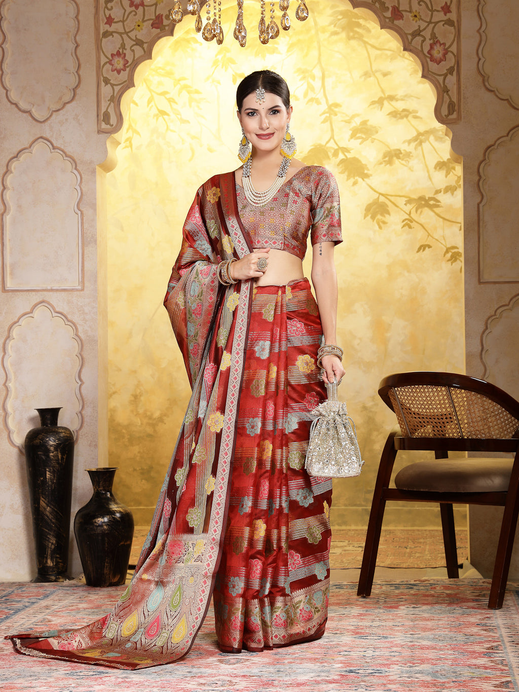 Women's Maroon Ethnic Motifs Zari Border Organza Saree