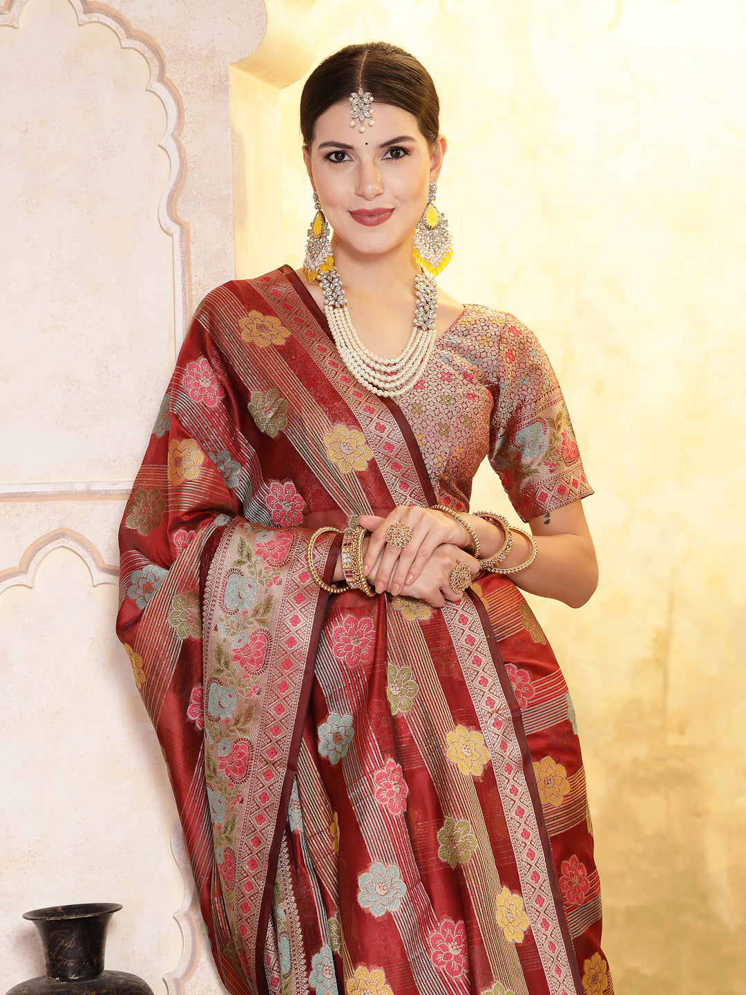 Women's Maroon Ethnic Motifs Zari Border Organza Saree