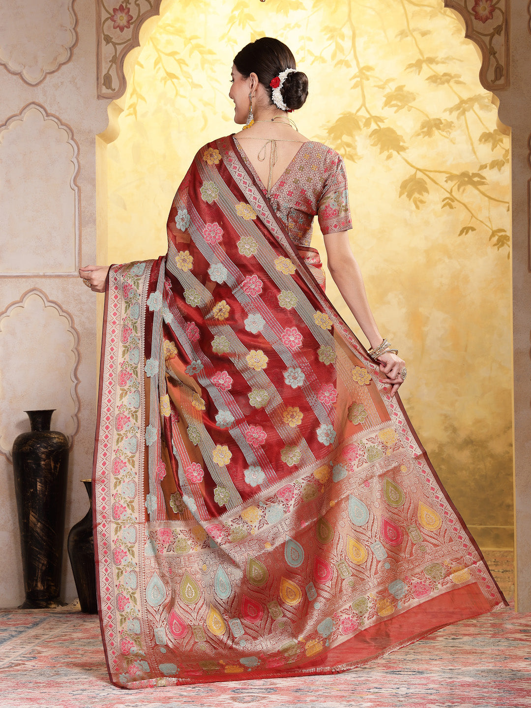 Women's Maroon Ethnic Motifs Zari Border Organza Saree