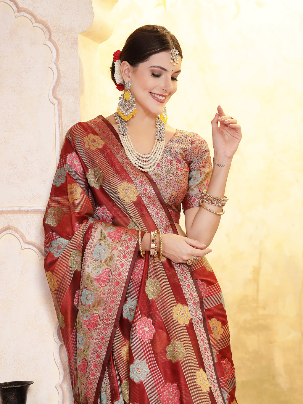 Women's Maroon Ethnic Motifs Zari Border Organza Saree