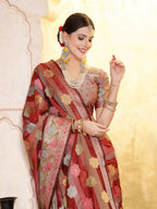Women's Maroon Ethnic Motifs Zari Border Organza Saree