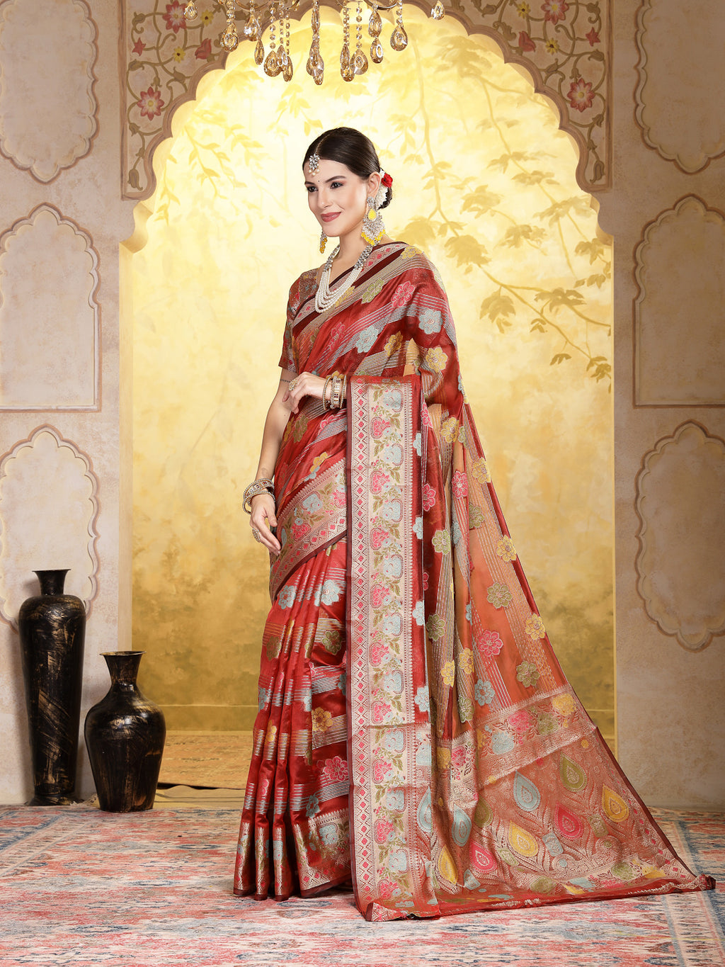Women's Maroon Ethnic Motifs Zari Border Organza Saree