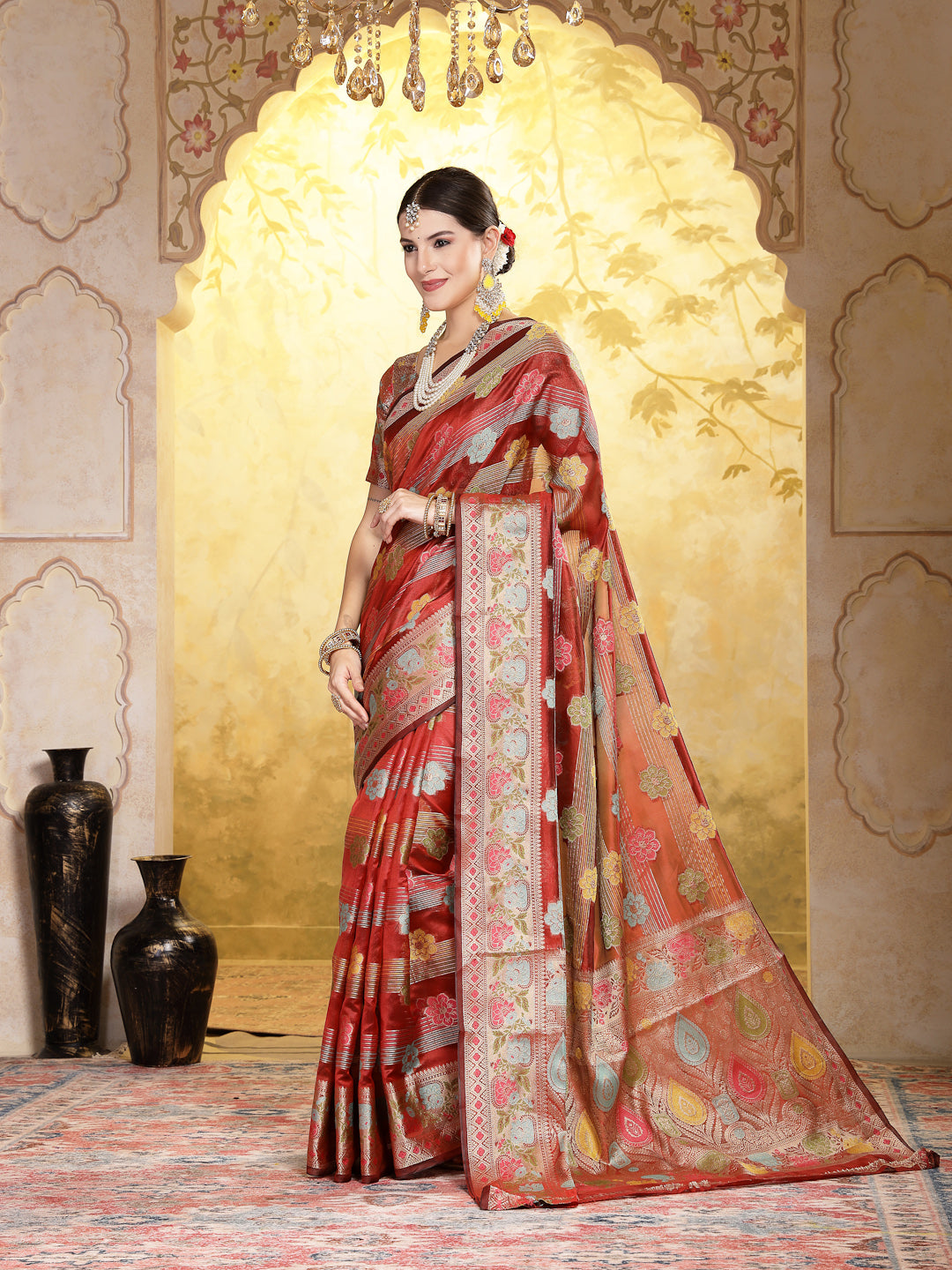 Women's Maroon Ethnic Motifs Zari Border Organza Saree