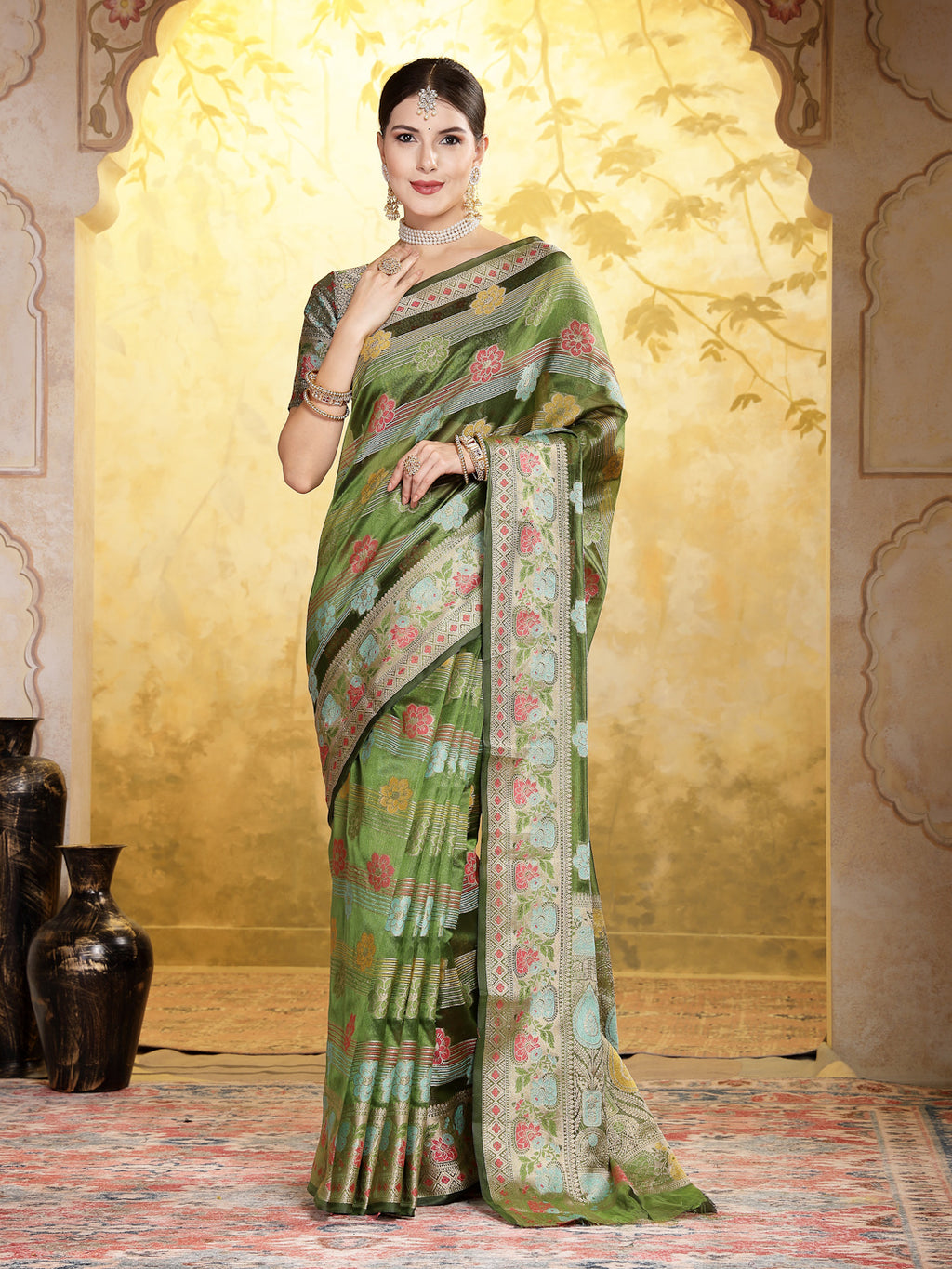 Women's Mehandi Green Ethnic Motifs Zari Border Organza Saree