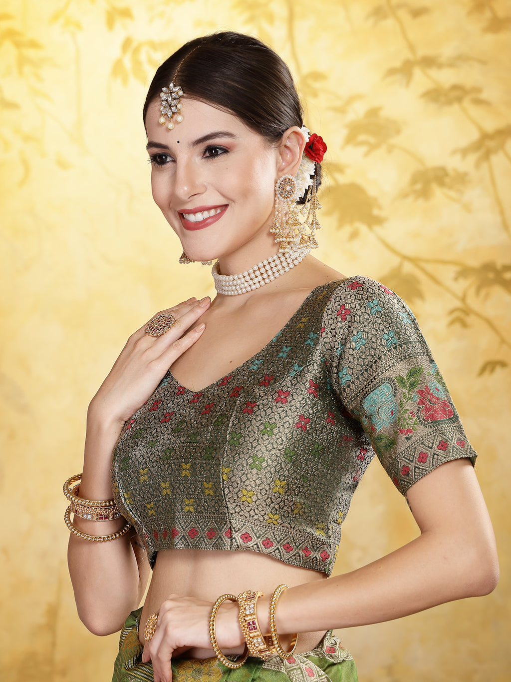 Women's Mehandi Green Ethnic Motifs Zari Border Organza Saree