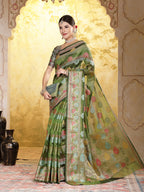 Women's Mehandi Green Ethnic Motifs Zari Border Organza Saree