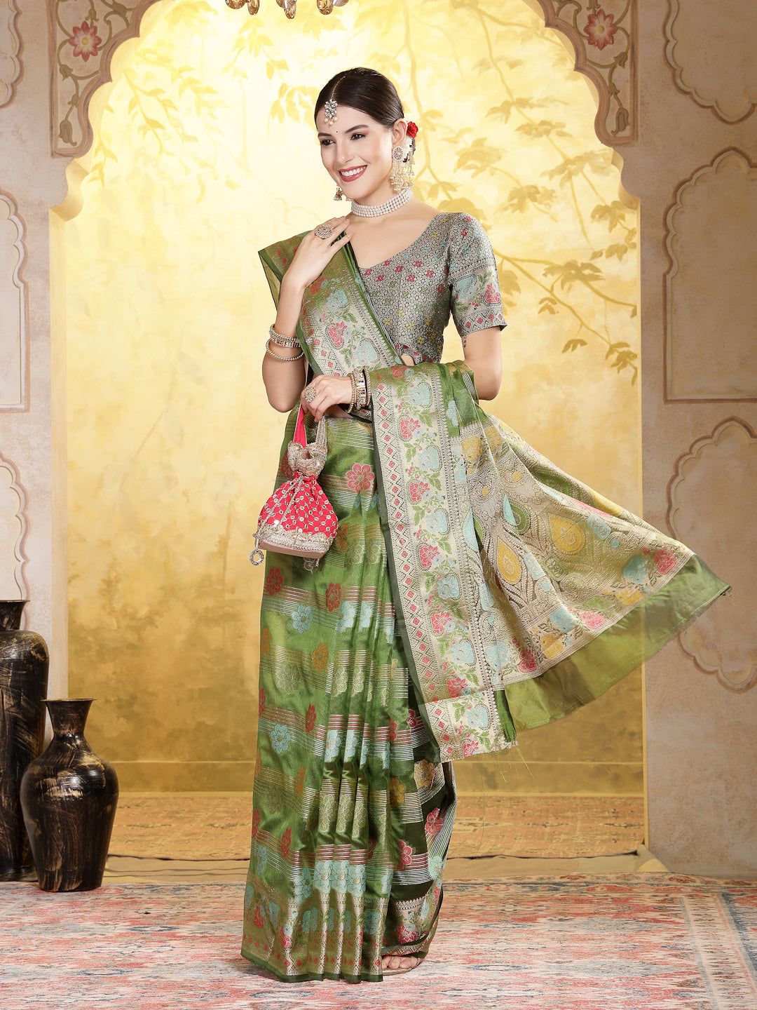 Women's Mehandi Green Ethnic Motifs Zari Border Organza Saree