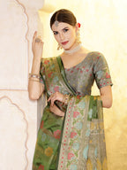 Women's Mehandi Green Ethnic Motifs Zari Border Organza Saree