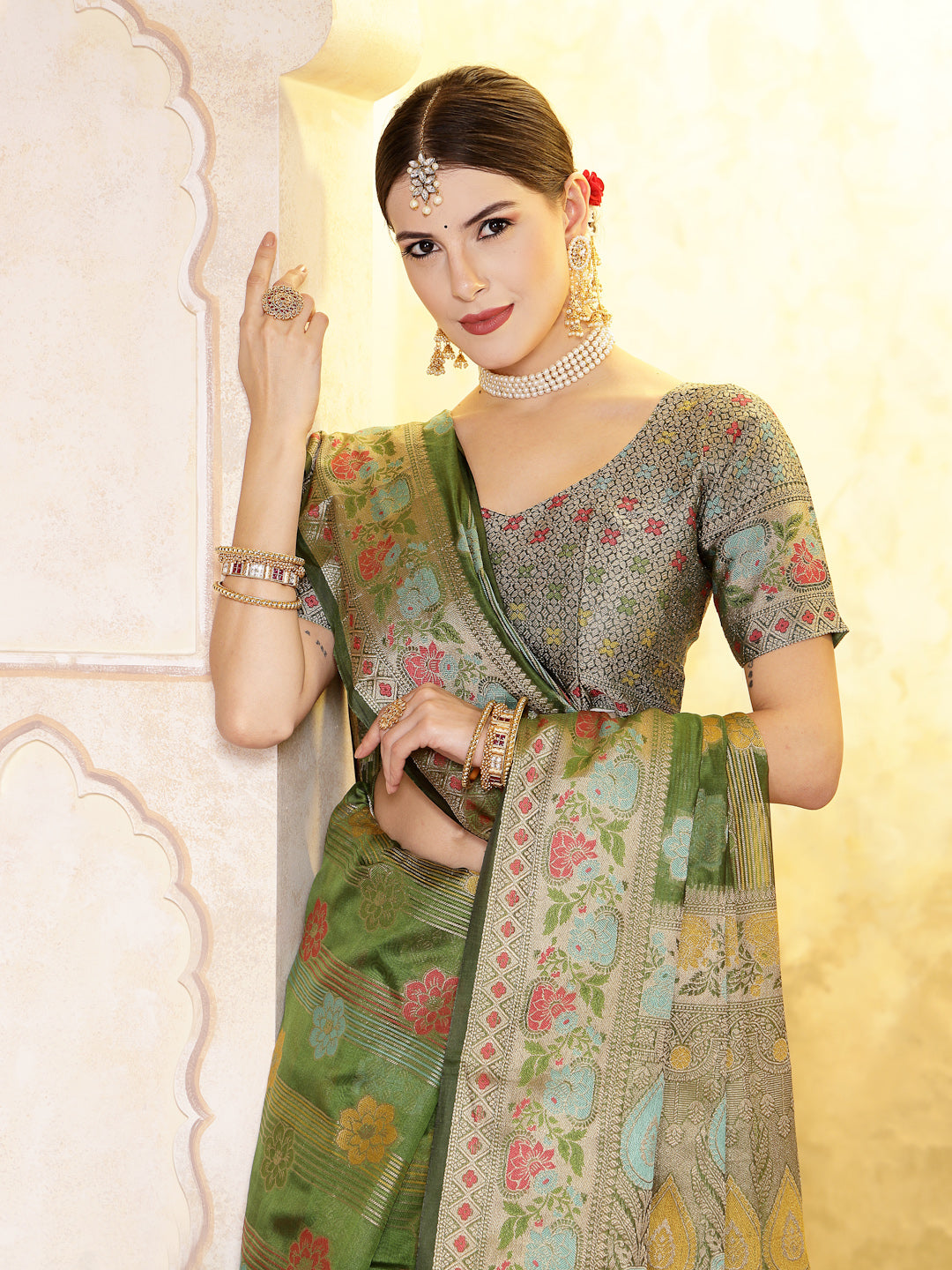 Women's Mehandi Green Ethnic Motifs Zari Border Organza Saree