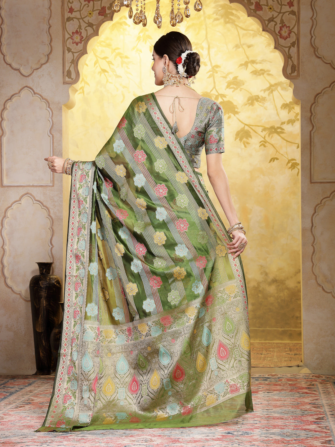 Women's Mehandi Green Ethnic Motifs Zari Border Organza Saree