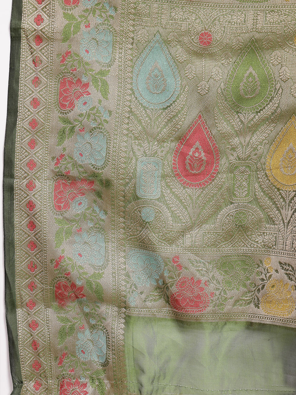 Women's Mehandi Green Ethnic Motifs Zari Border Organza Saree