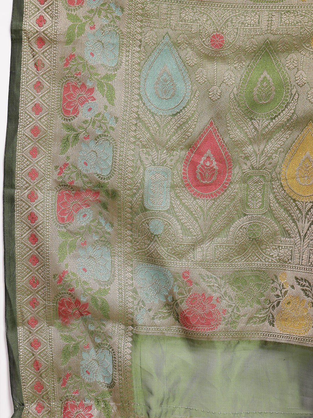 Women's Mehandi Green Ethnic Motifs Zari Border Organza Saree
