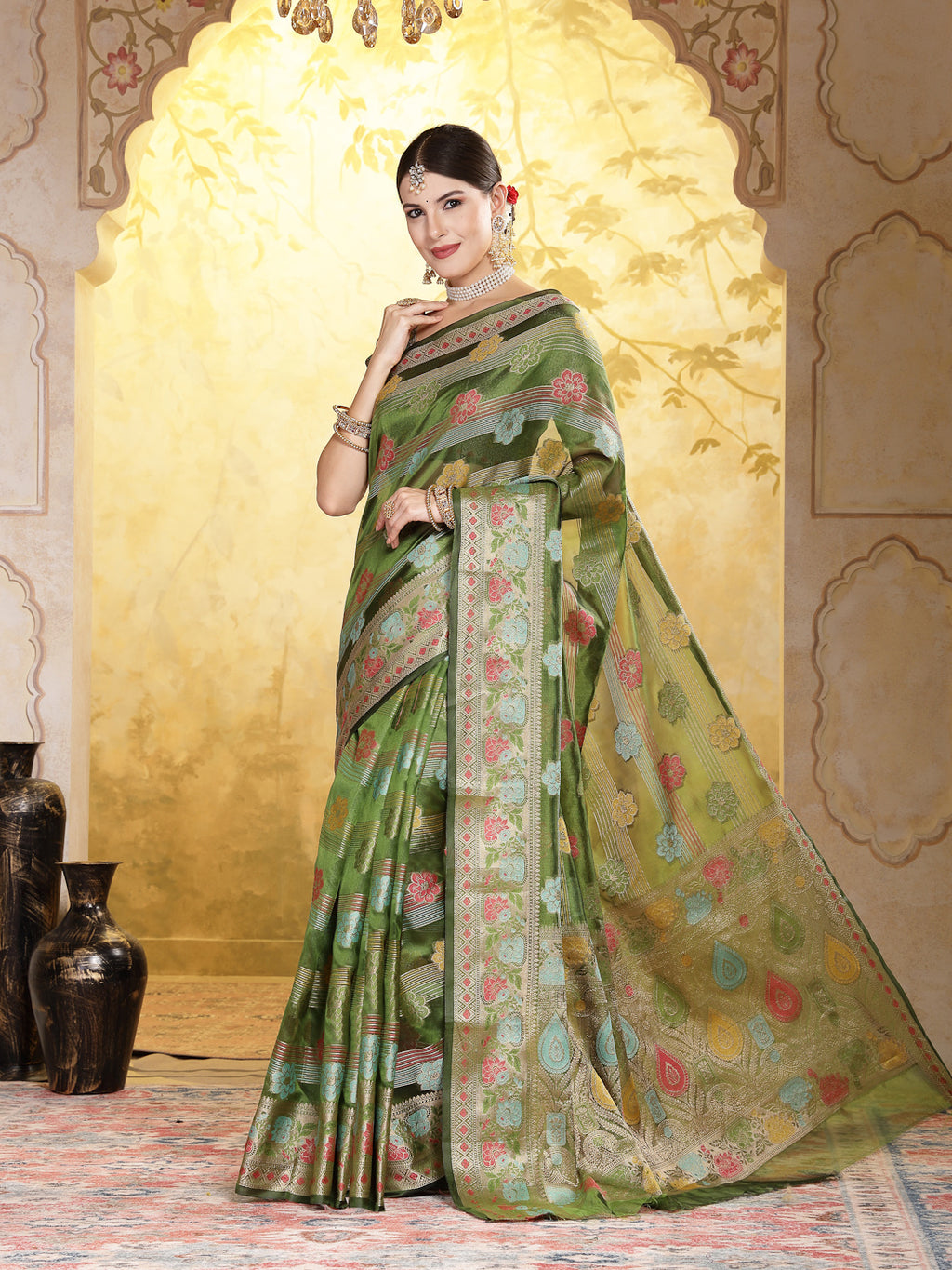 Women's Mehandi Green Ethnic Motifs Zari Border Organza Saree