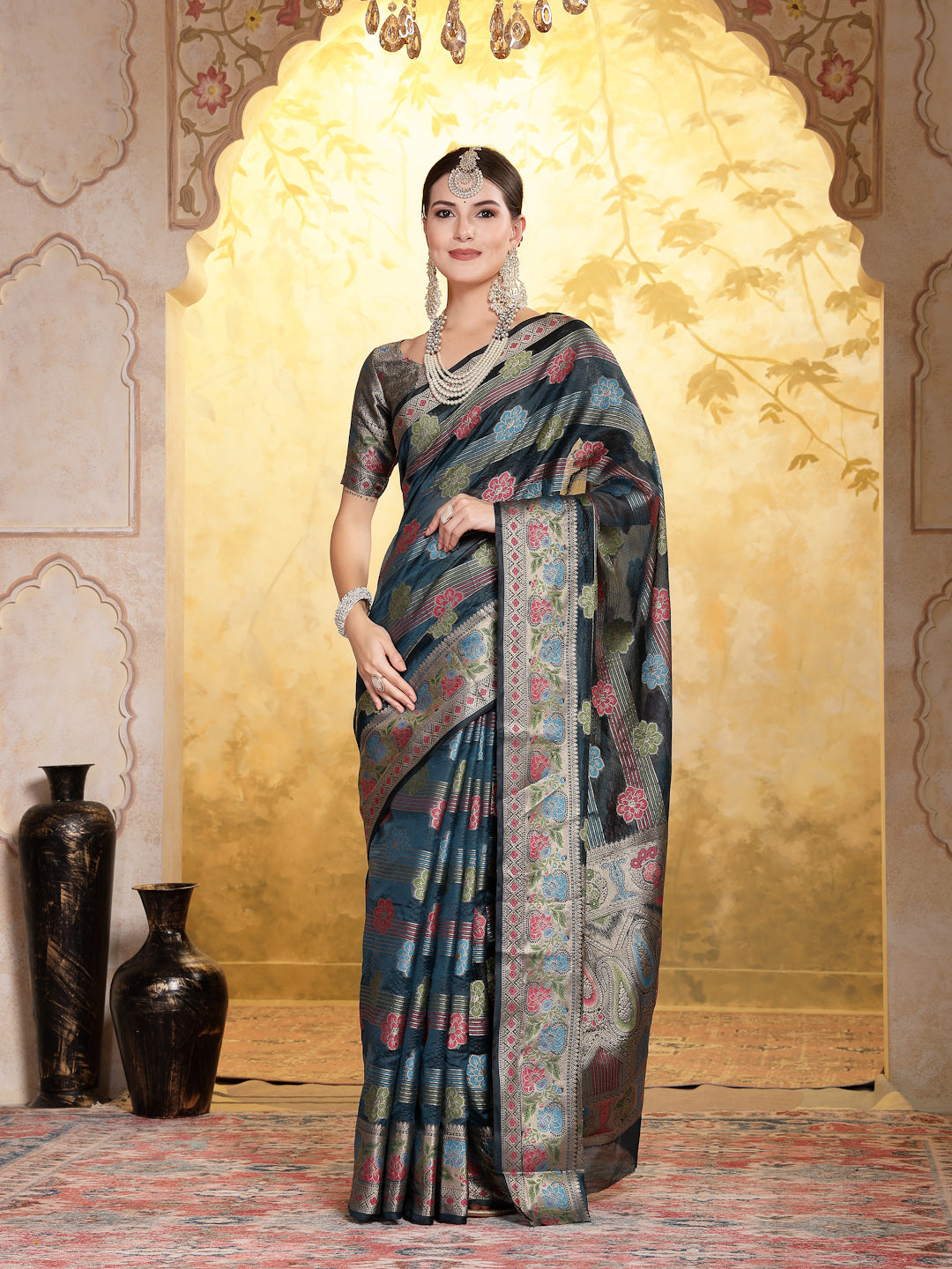 Women's Sea Green Ethnic Motifs Zari Border Organza Saree