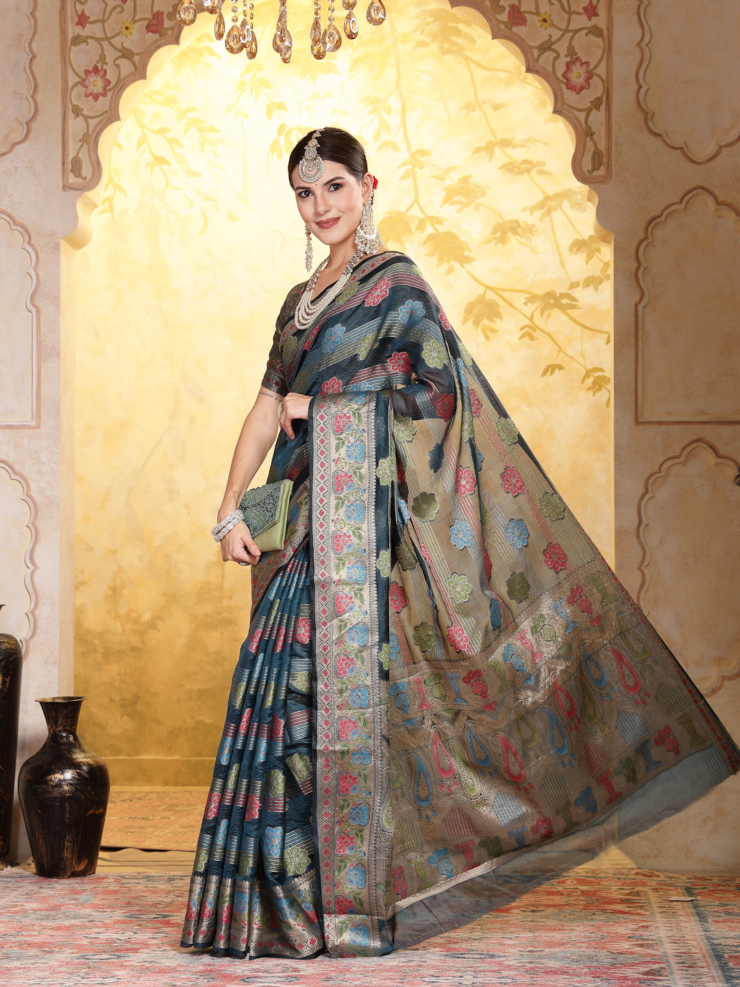 Women's Sea Green Ethnic Motifs Zari Border Organza Saree